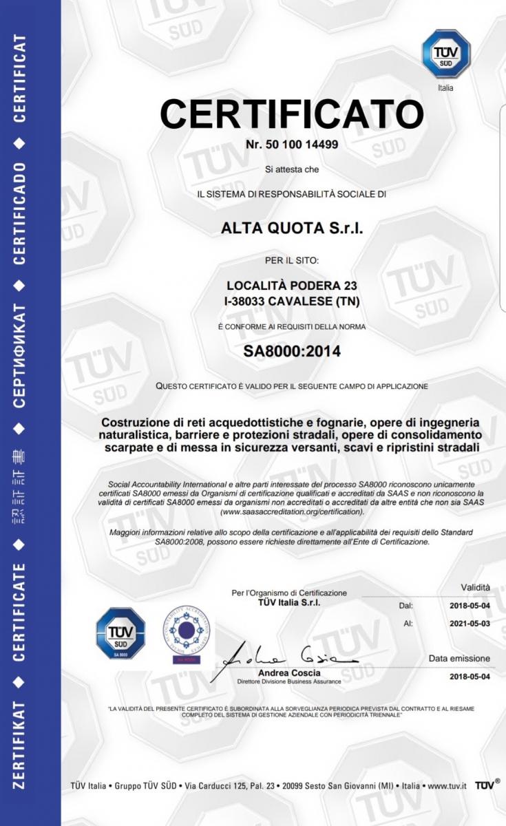 Certificato SA 8000-2014